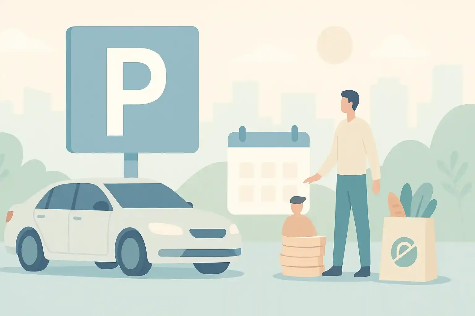 Pastellfarbene, minimalistische Illustration: Eine Stadtansicht mit vielen Parkplätzen pro Person. Mehrere gezeichnete Autos stehen einzeln auf großzügig markierten Parkflächen, daneben eine vereinzelte Figur, die die große Pro-Kopf-Parkfläche symbolisiert. Im Hintergrund sind dezente Gebäude und sanfte Farben zu sehen, die das Thema visuell klar und ruhig darstellen.