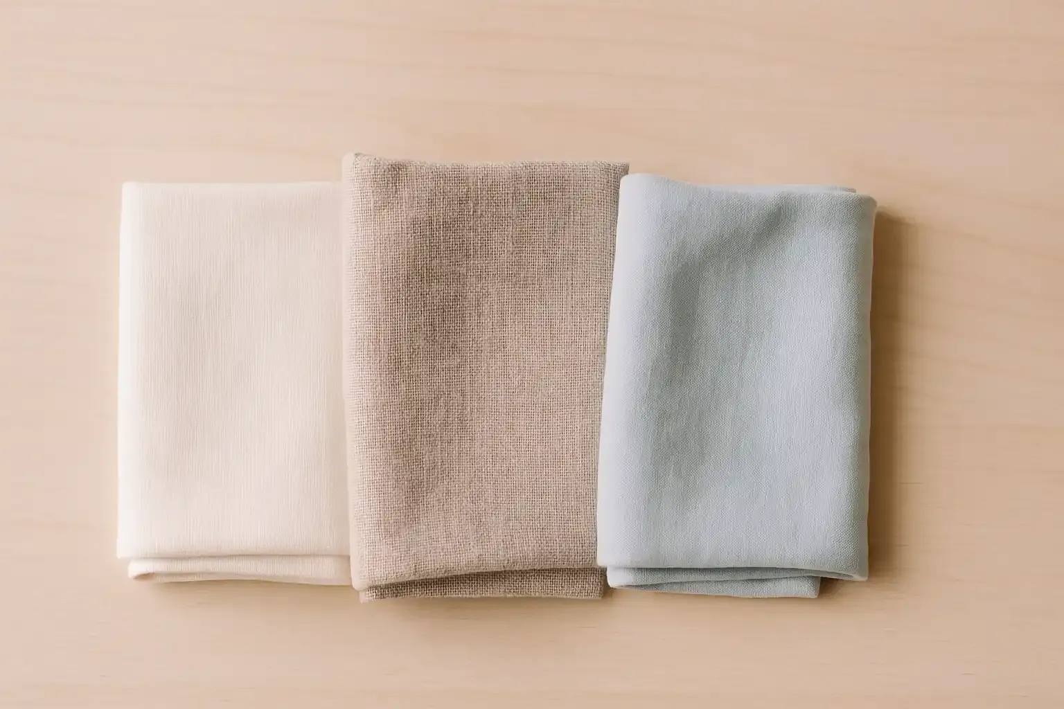 Verschiedene nachhaltige Stoffe aus Bio Baumwolle, Leinen und TENCEL, nebeneinander gefaltet auf hellem Holzuntergrund, minimalistisch arrangiert bei weichem, pastellfarbenem Licht mit natürlichen Farbtönen im Querformat.