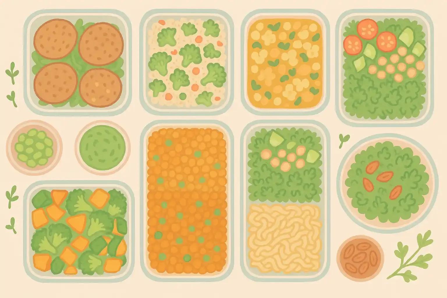 Illustration in sanften Pastelltönen, die verschiedene vegane Gerichte wie Salat, Curry, Pasta und Gemüsepfanne in einzelnen Kacheln zeigt; harmonische Darstellung im modernen Minimalstil, passend zum Thema meal prep vegan