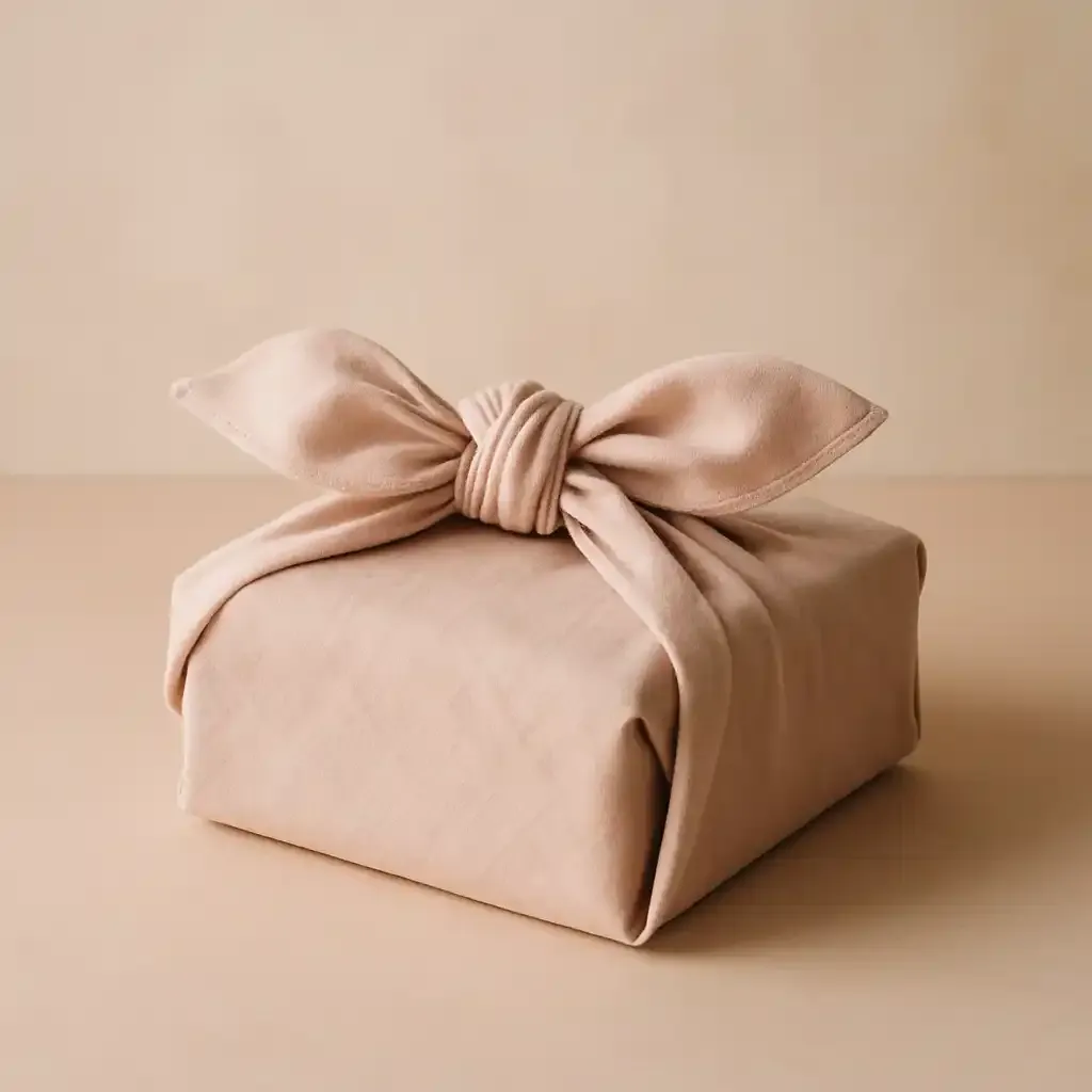 Ein nachhaltig verpacktes Geschenk, umhüllt mit einem roséfarbenen Furoshiki-Tuch, kunstvoll verknotet und minimalistisch vor einem sanften beigefarbenen Hintergrund arrangiert; die Szene wirkt warm, modern und zeigt eine plastikfreie Alternative zum Geschenke nachhaltig verpacken.