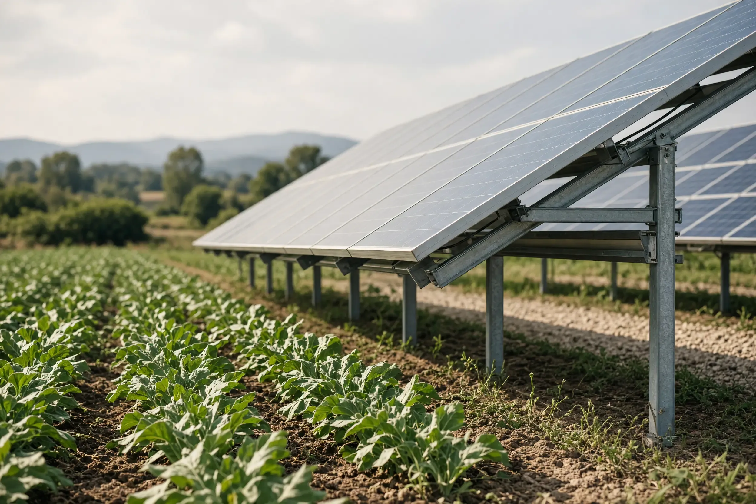 Solarpark auf landwirtschaftlicher Fläche, Beispiel für Agri-PV und Flächennutzungskonflikte