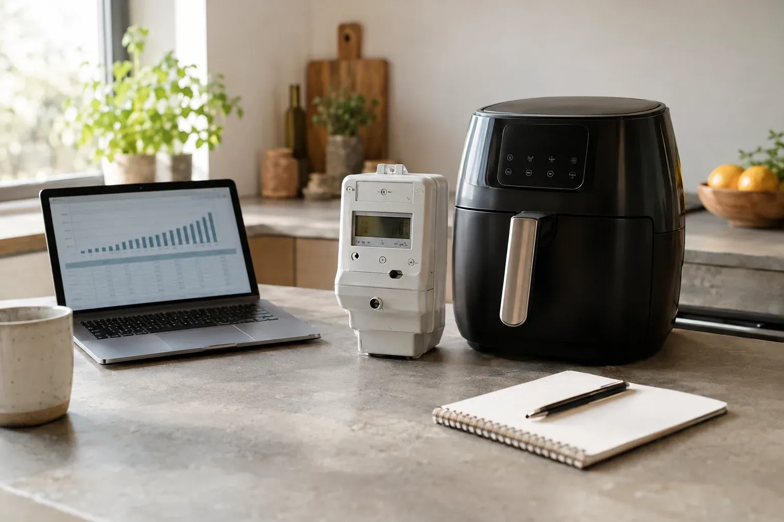Rechner, Stromzähler und Airfryer auf einer Küchenarbeitsplatte zur Berechnung der Amortisation