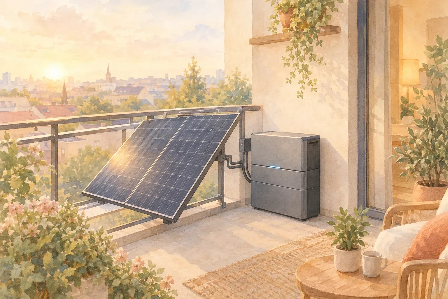 Anker Solarbank als Balkonkraftwerk mit Speicher auf einem Balkon neben Solarmodulen
