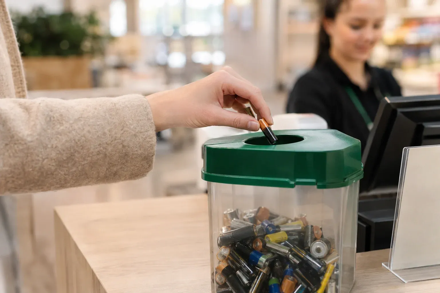 Altbatterien in einer Sammelbox: Batterien entsorgen im Supermarkt an der Information