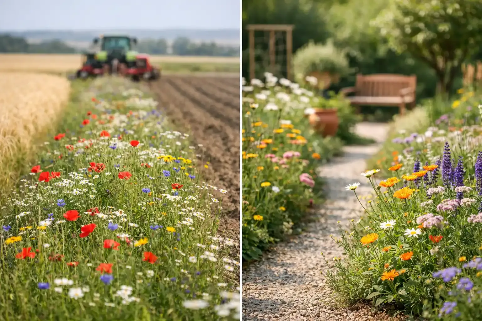 Blühstreifen in der Landwirtschaft neben Ackerfläche und im Privatgarten am Zaunrand