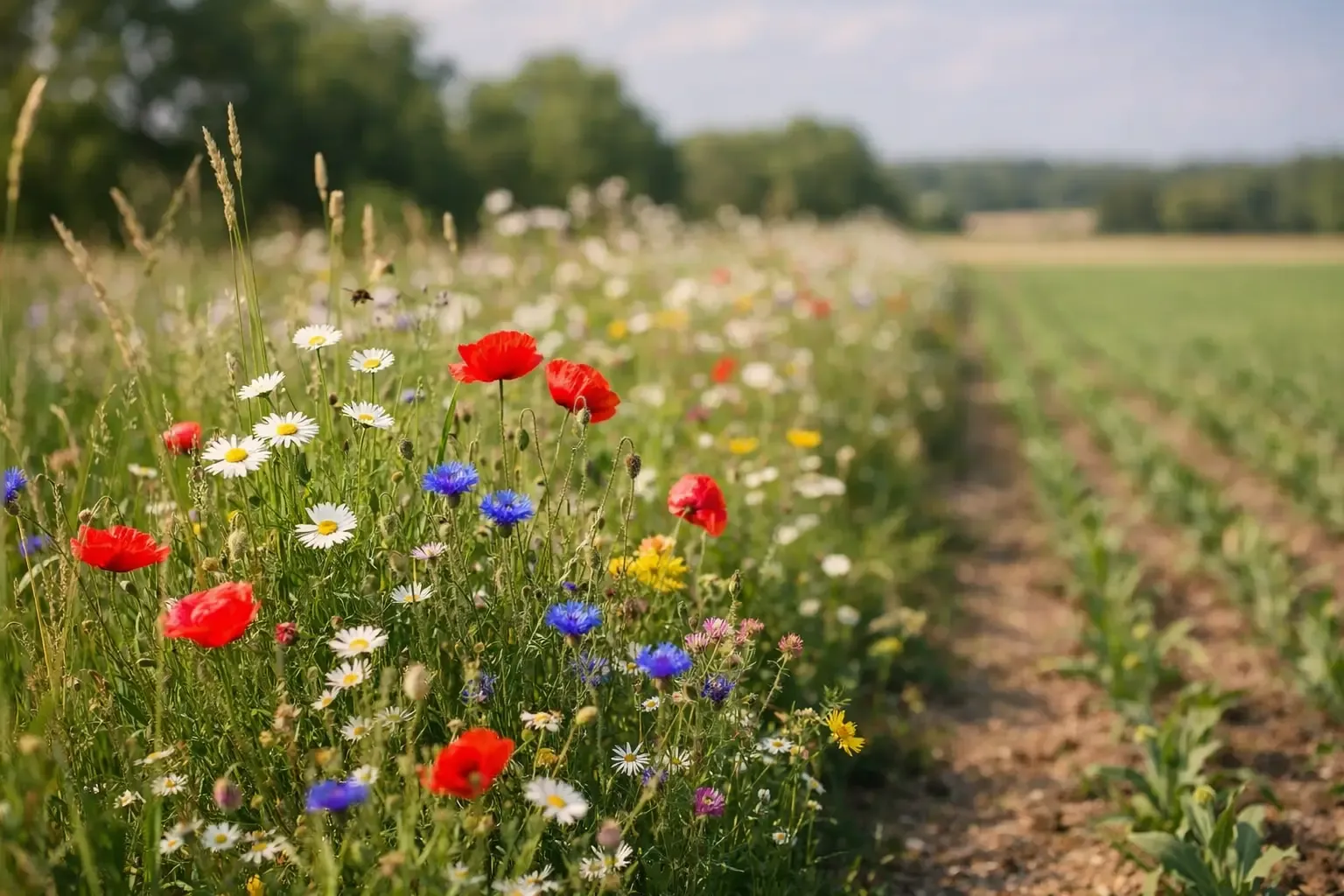 Blühstreifen mit heimischen Wildblumen als Nahrungsquelle für Bienen und Schmetterlinge