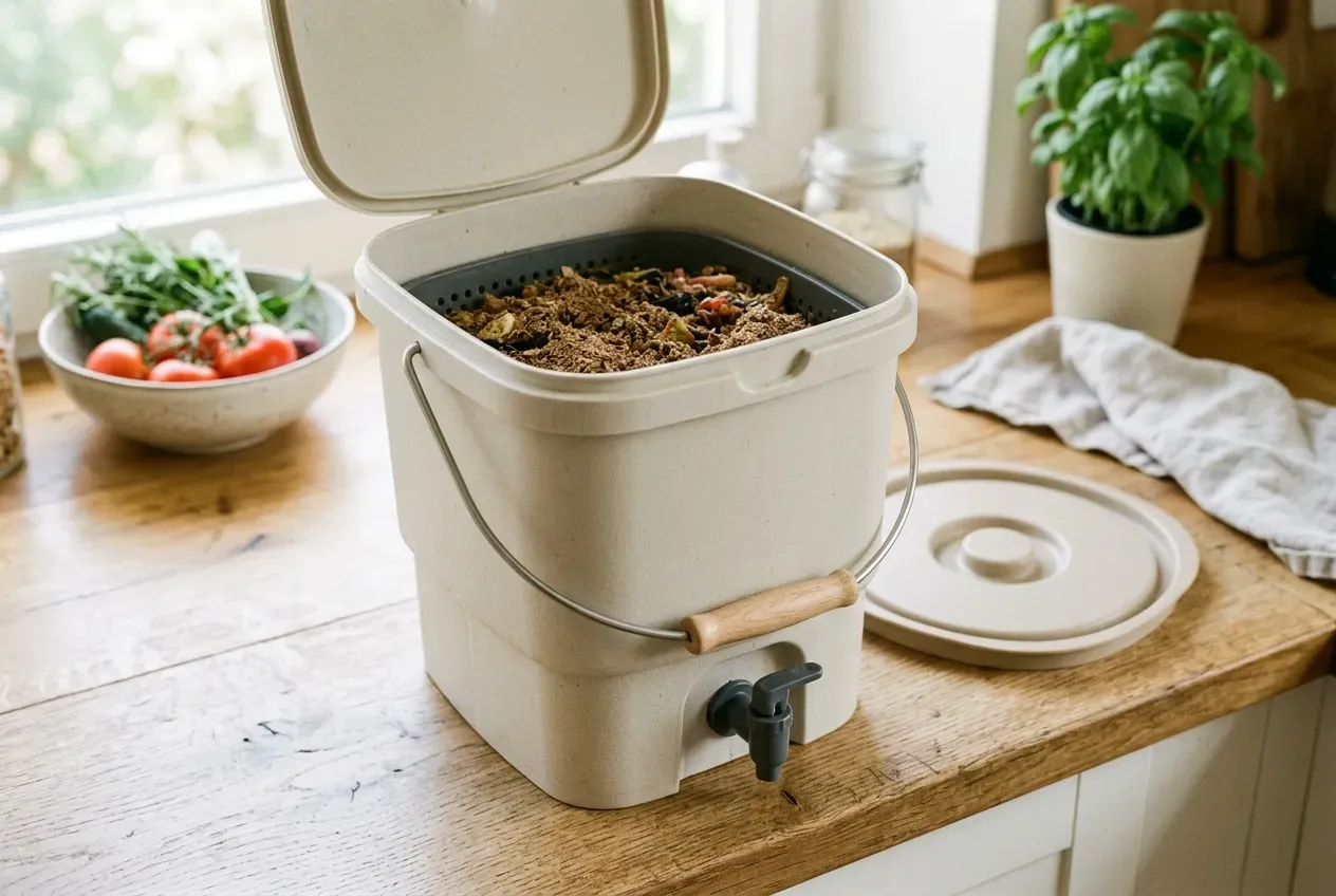 Bokashi-Eimer Aufbau mit Siebboden und Ablasshahn