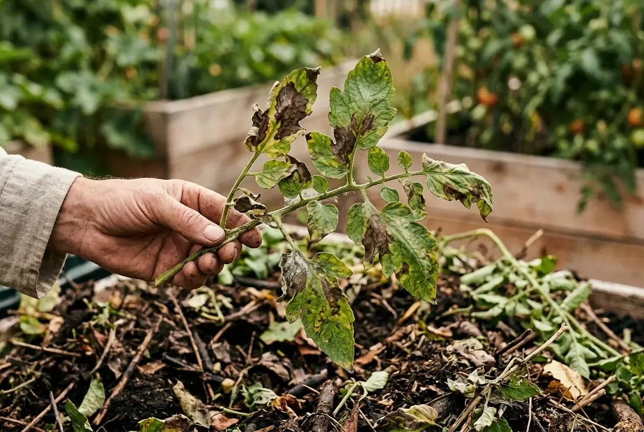 Befallene Tomatenblaetter mit Braunfaeule, ein typisches Tabu fuer den Kompost