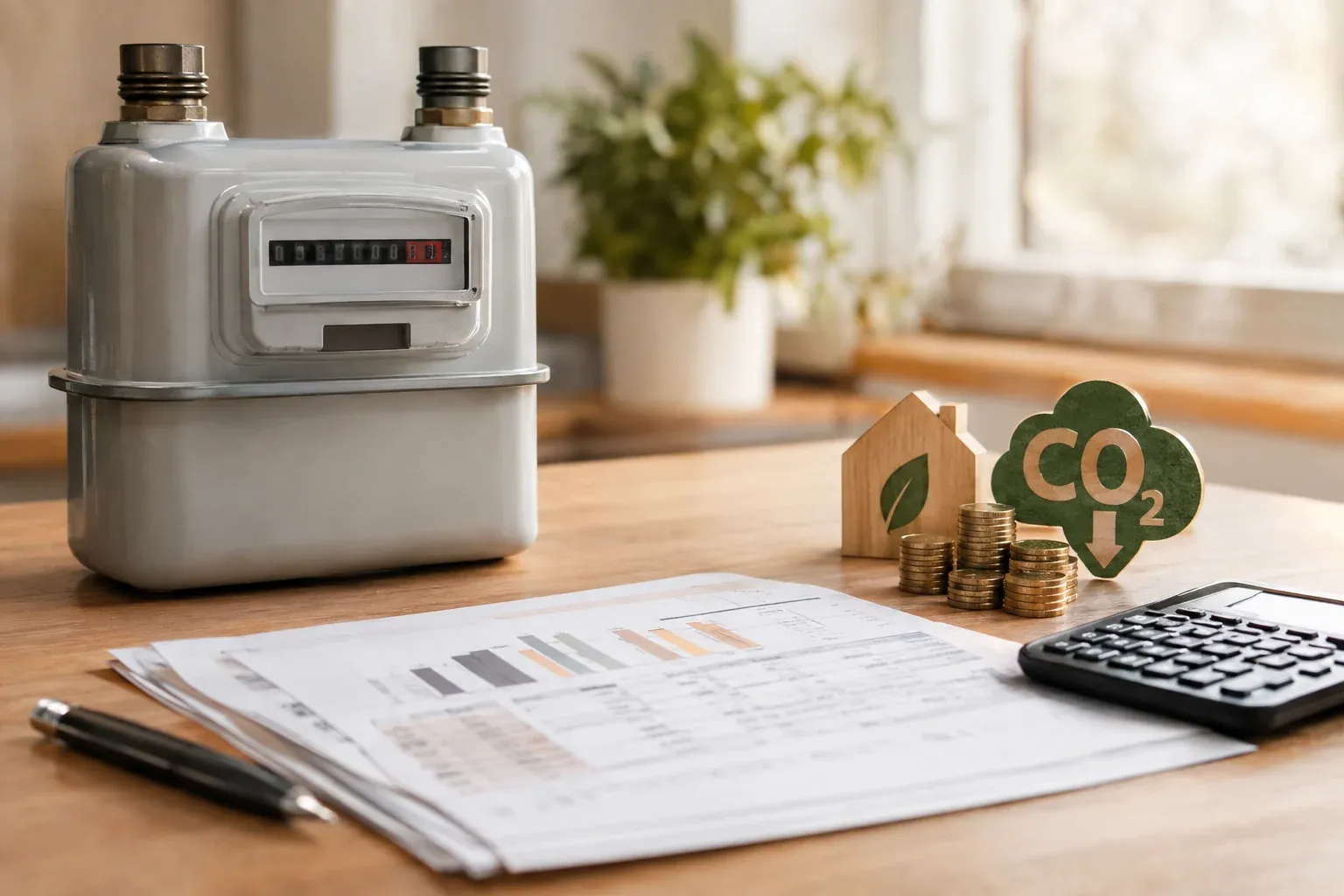 Gasmeter und Heizkostenabrechnung auf einem Tisch, Symbol für die Berechnung der CO2 Steuer 2027
