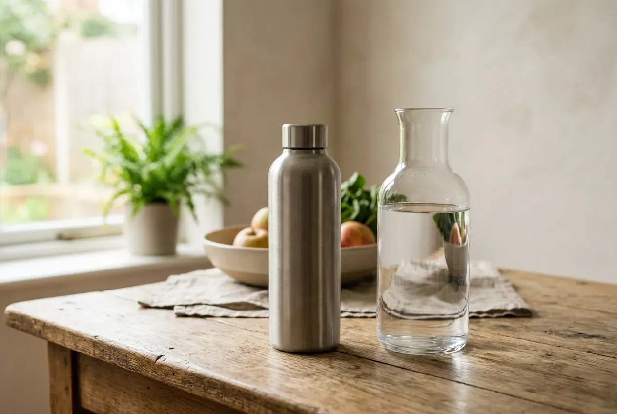 Edelstahl-Trinkflasche und Wasserkaraffe mit gefiltertem Leitungswasser