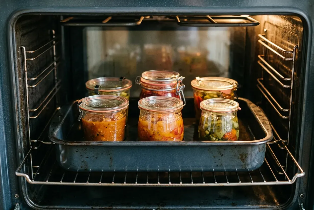 Tiefes Backblech mit Einmachgläsern im Backofen bei Ober-Unterhitze