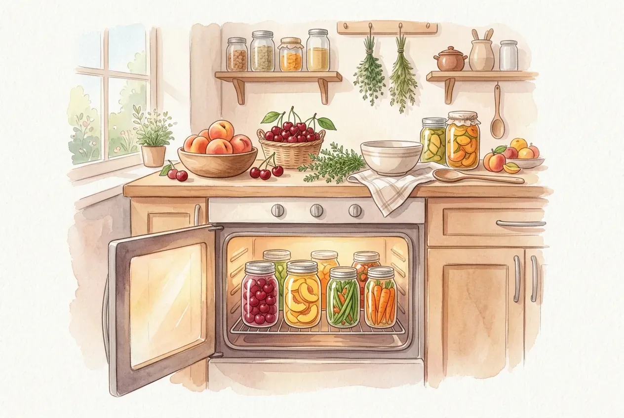 Einmachgläser mit eingekochtem Obst und Gemüse auf einem Holztisch