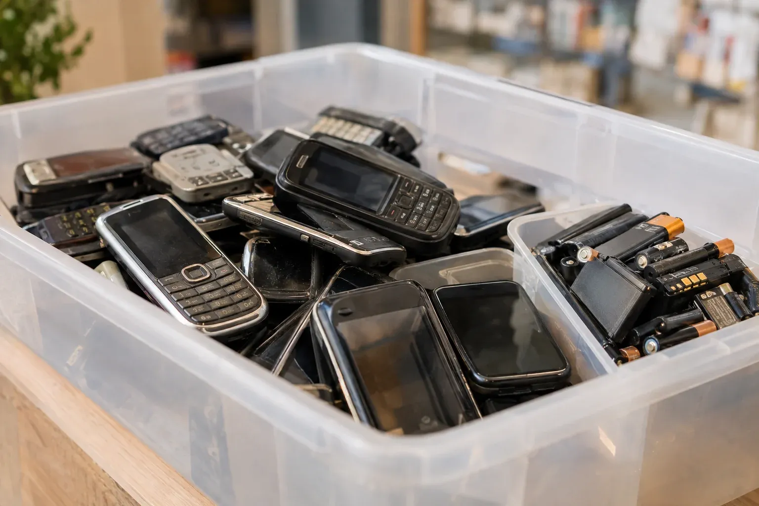 Alte Handys und Akkus in einer Sammelbox für Kleingeräte im Handel