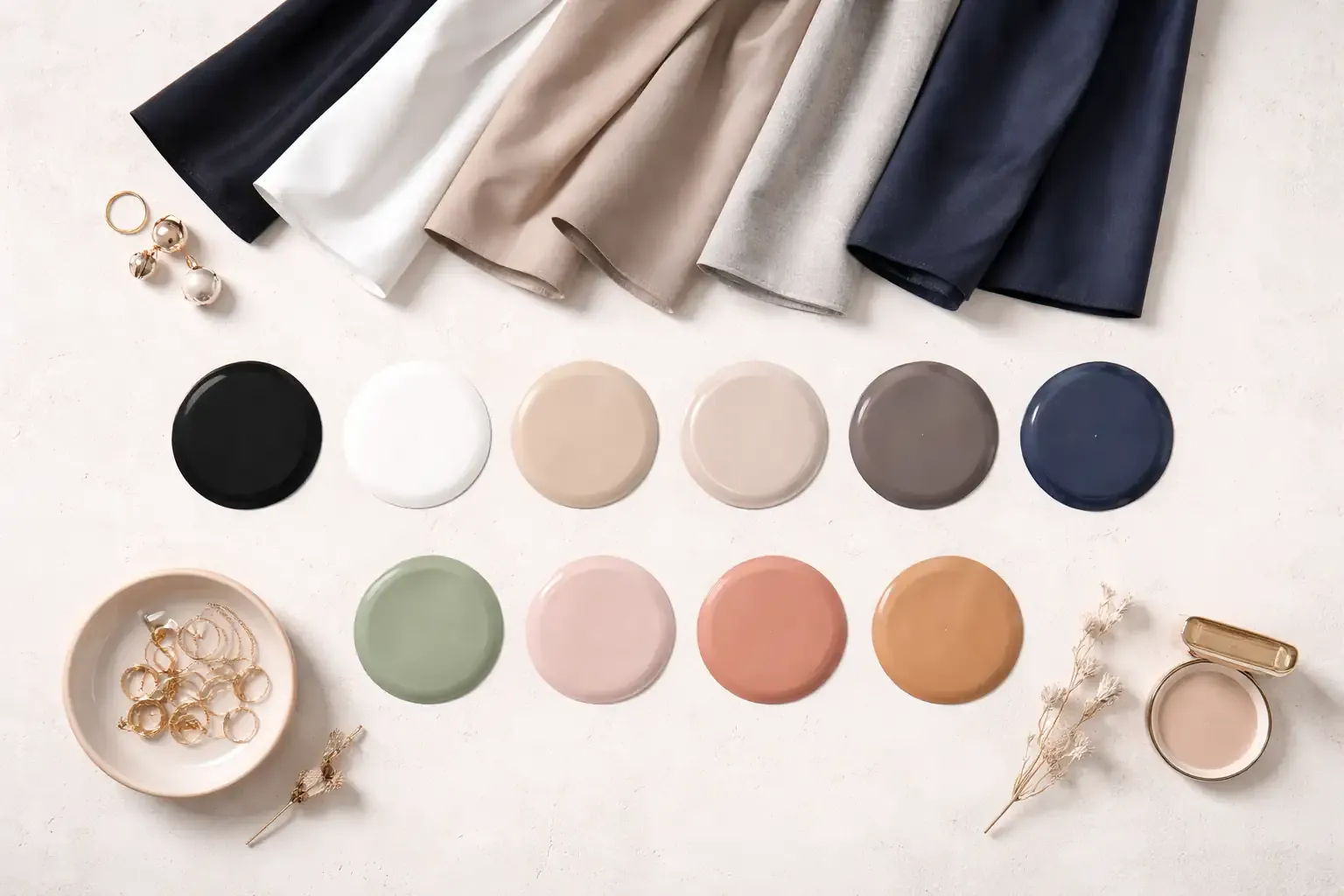 Farbpalette mit neutralen Tönen in Schwarz, Weiß, Beige und Navy, ergänzt durch dezente Akzentfarben, stilvoll als Illustration auf hellem Hintergrund dargestellt.
