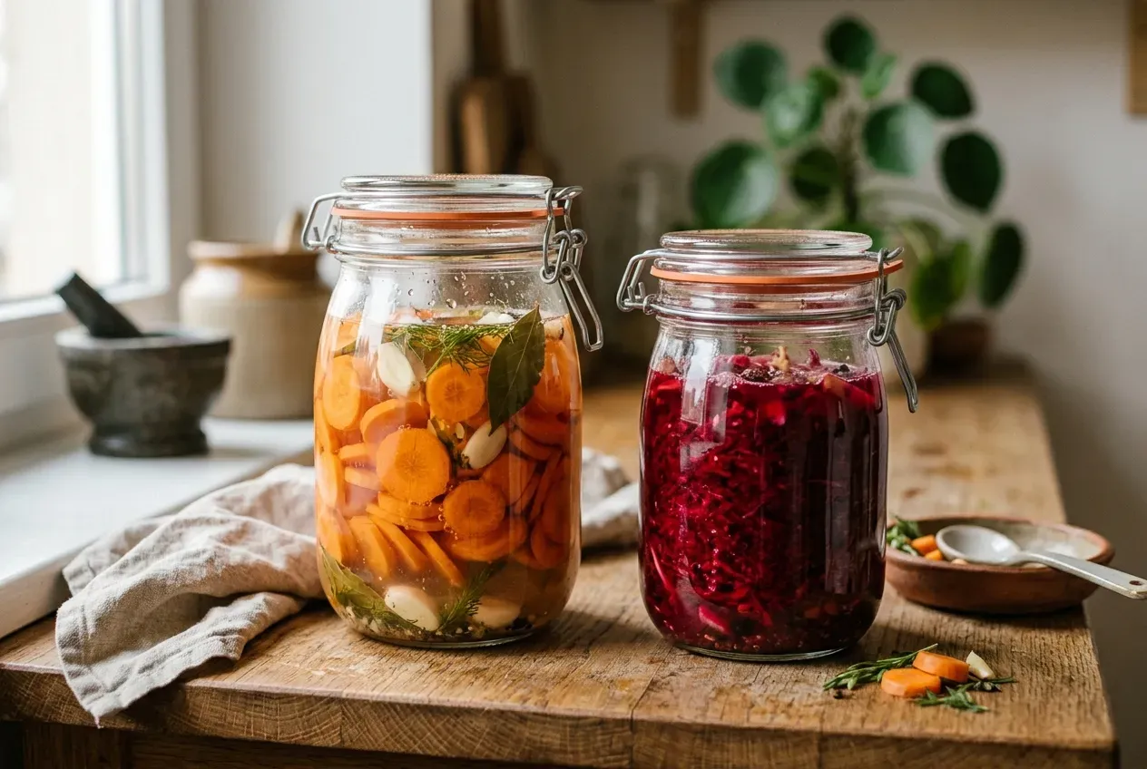Karotten und Rote Bete in Bügelgläsern während der Fermentation