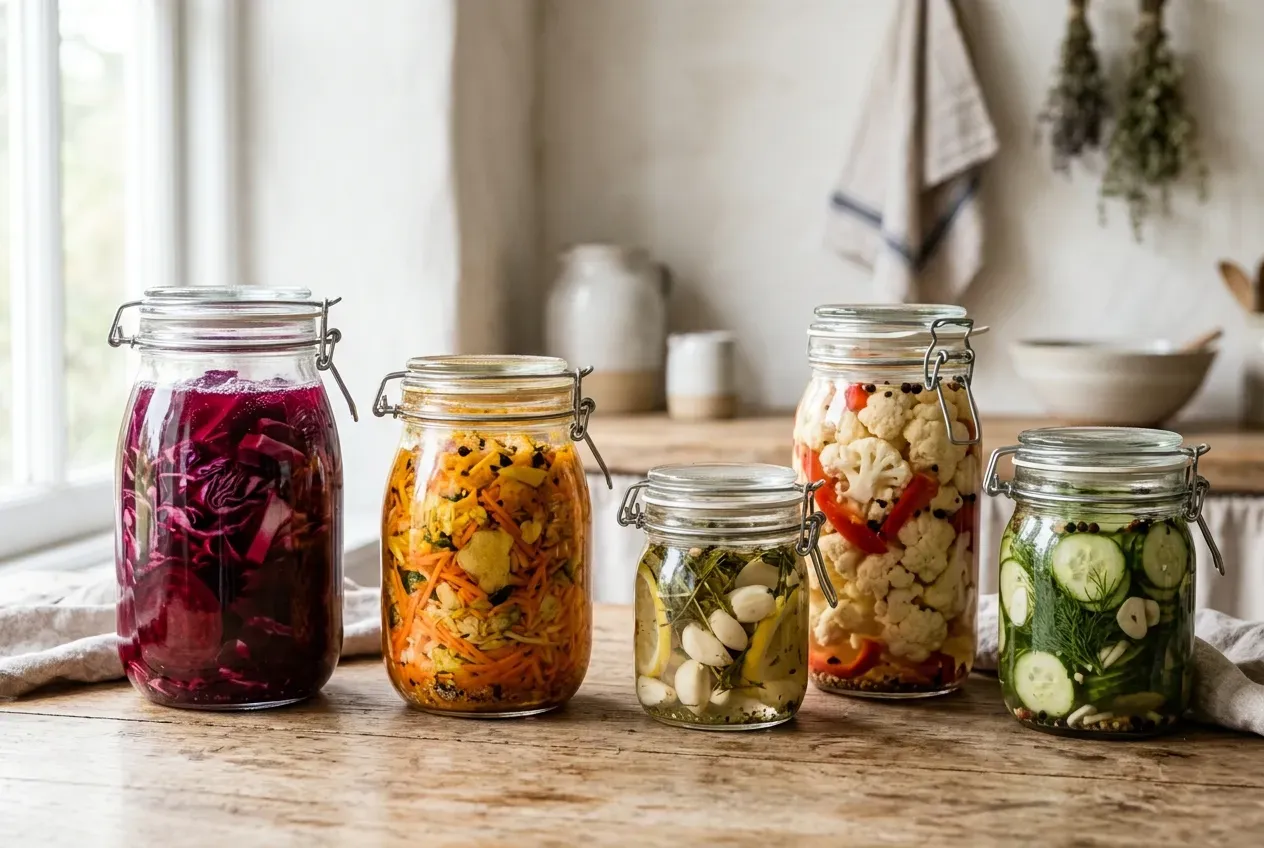 Verschiedene Fermentationsgläser mit eingelegtem Gemüse