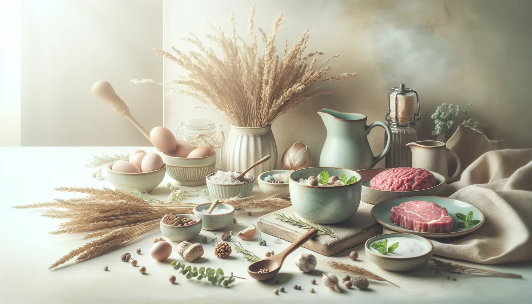Das Bild zeigt eine stilvolle Anordnung von Lebensmitteln, darunter rotes Fleisch, Eier, Kräuter und Gewürze. Die sanfte Beleuchtung hebt die natürlichen Farben und Texturen hervor.