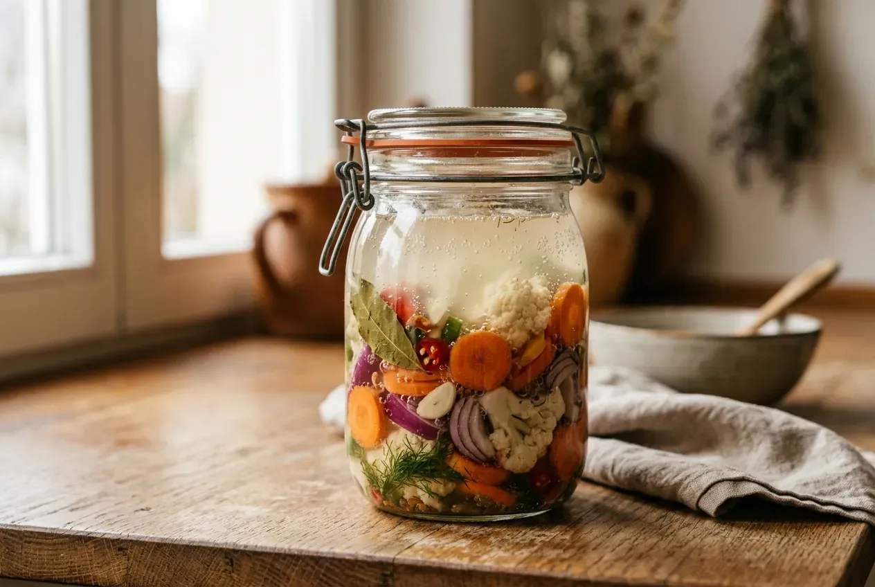 Fermentierendes Gemüse im Bügelglas mit aufsteigenden Gasbläschen