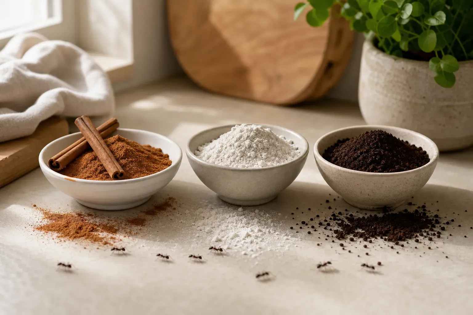 Verschiedene Hausmittel gegen Ameisen: Zimt, Kieselgur und Kaffeesatz im Vergleich