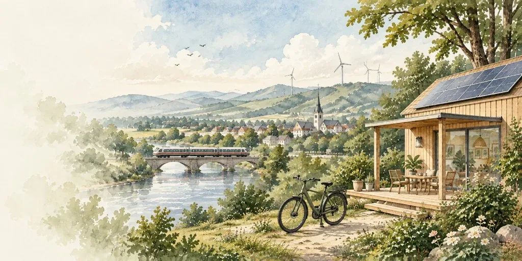 Aquarell: Holzhaus mit Solardach am Fluss, davor ein Fahrrad, im Hintergrund Zug, Dorf und Windräder