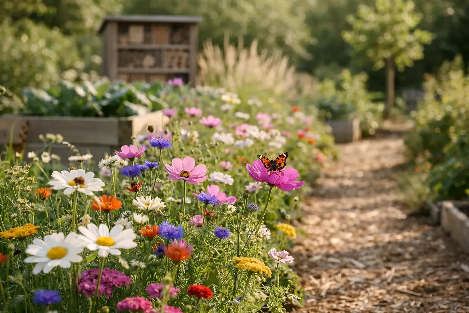 Blühstreifen als Teil eines insektenfreundlichen Gartens mit Wildblumen und Nisthilfen