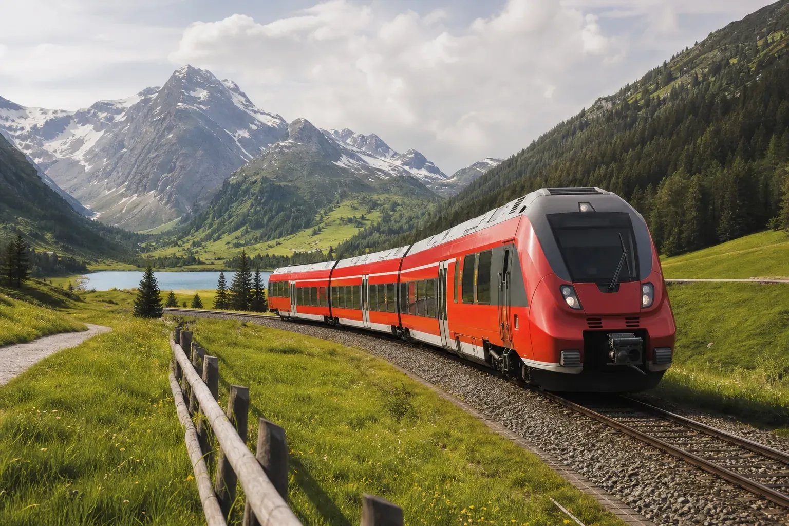 Regionalzug fährt durch alpine Landschaft, Symbolbild für die teilnehmenden Länder des Interrail Passes