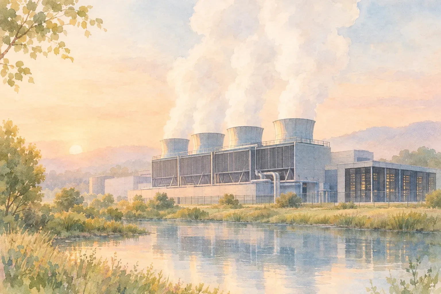 KI Wasserverbrauch: Kühltürme eines Rechenzentrums mit aufsteigendem Wasserdampf