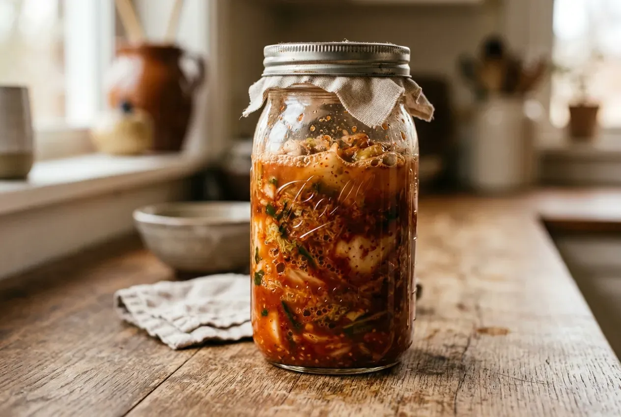 Fermentierender Kimchi im Glas mit Bläschen und Salzlake