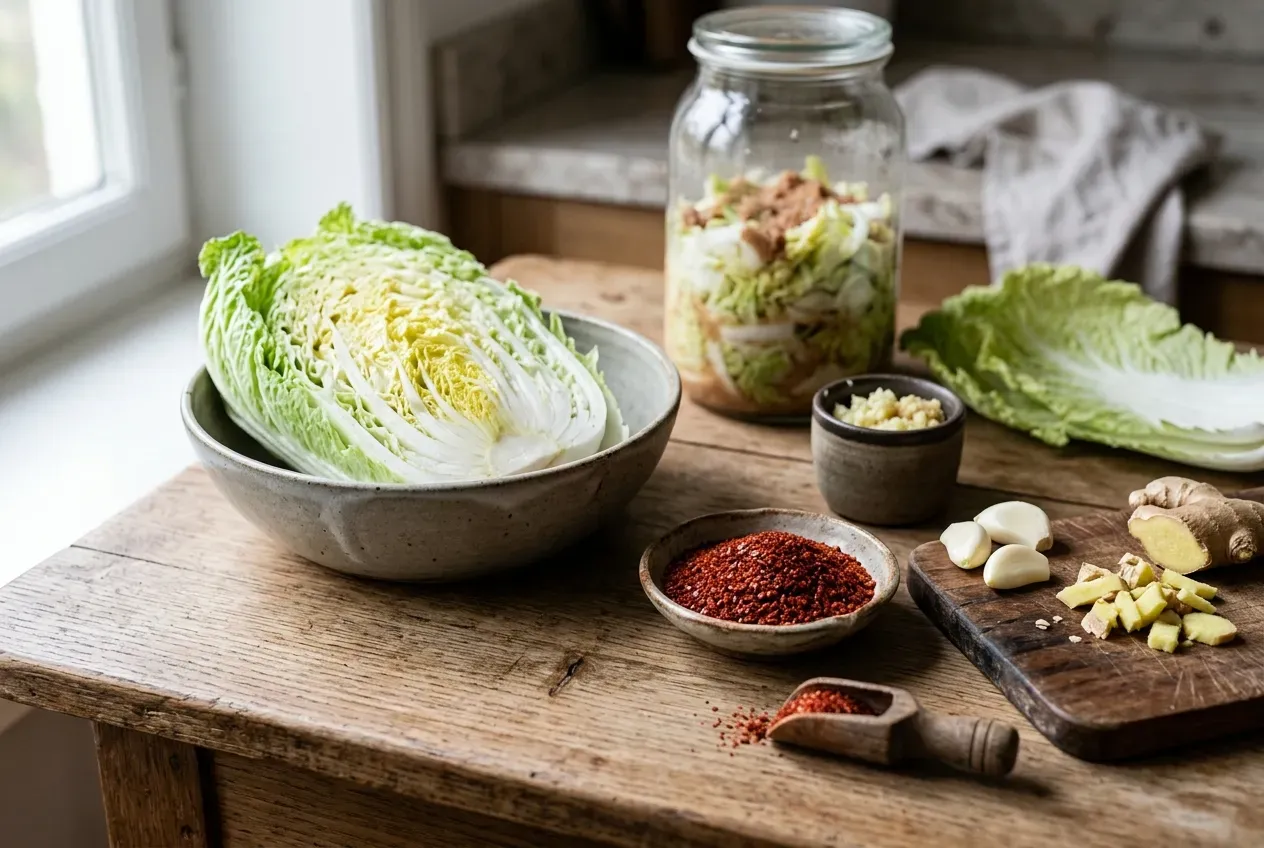 Zutaten für Kimchi fermentieren: Chinakohl, Gochugaru, Knoblauch und Ingwer