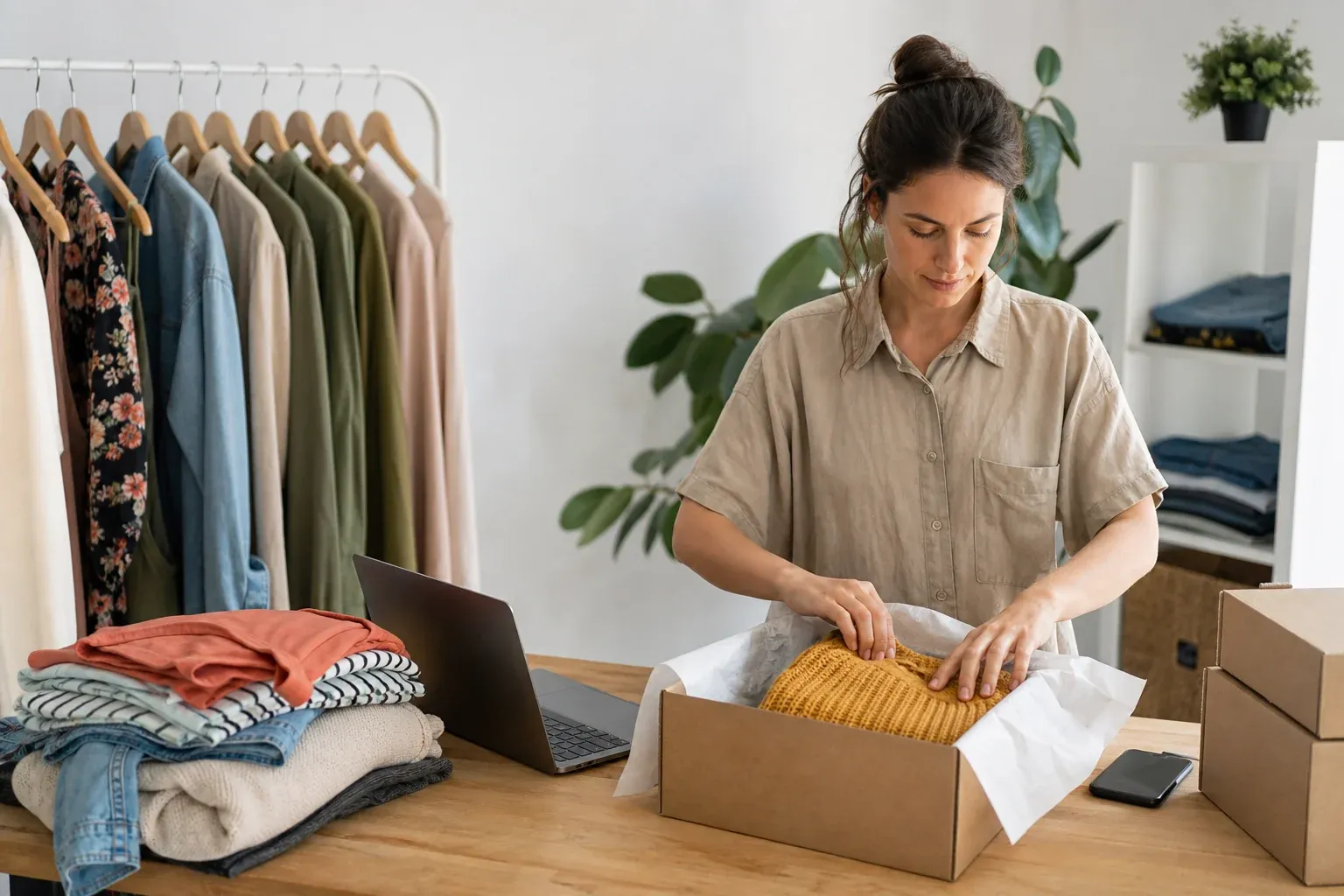 Aussortierte Second-Hand-Kleidung wird zum Verkauf fotografiert und verpackt