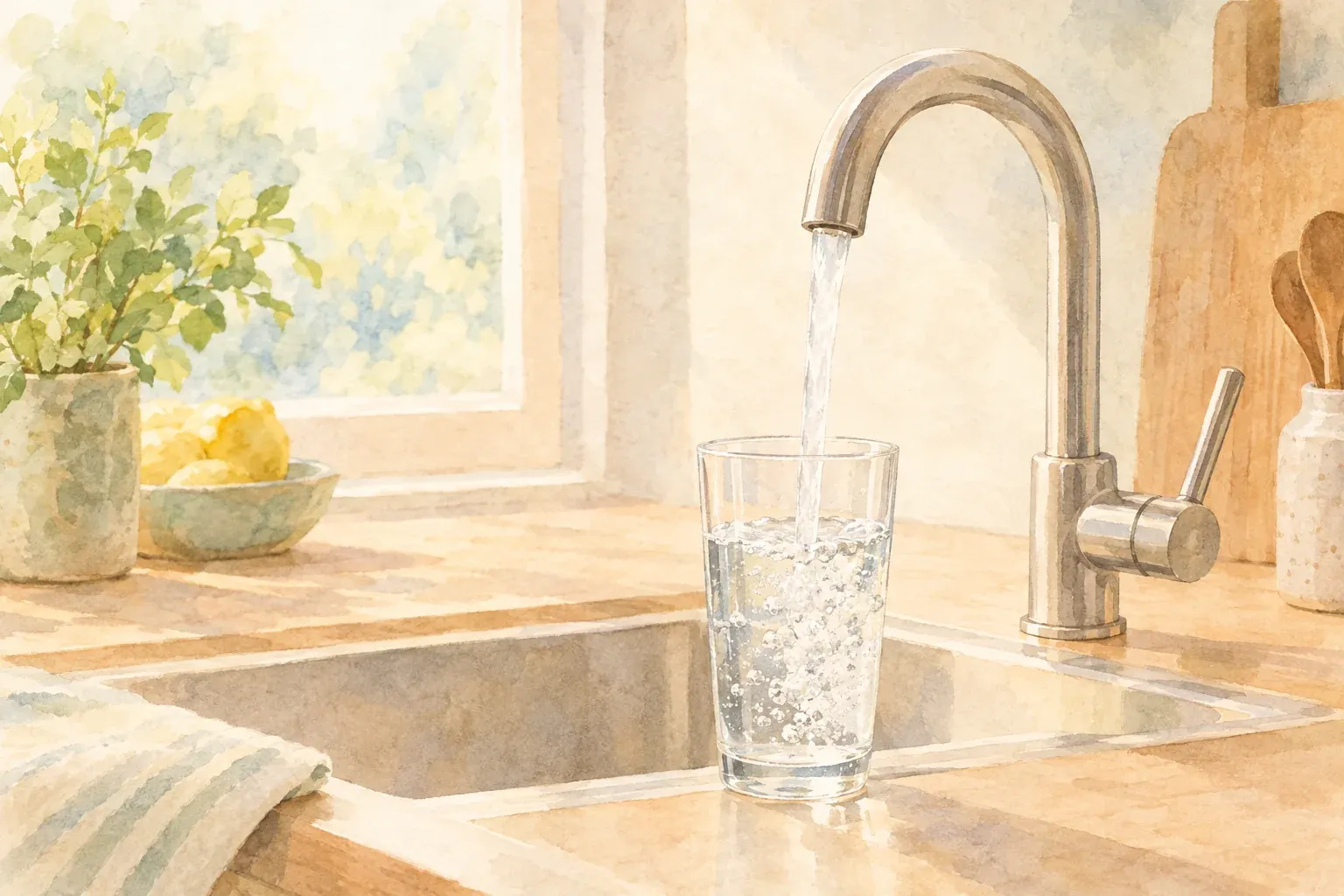 Leitungswasser trinken: Glas wird frisch am Wasserhahn gefüllt