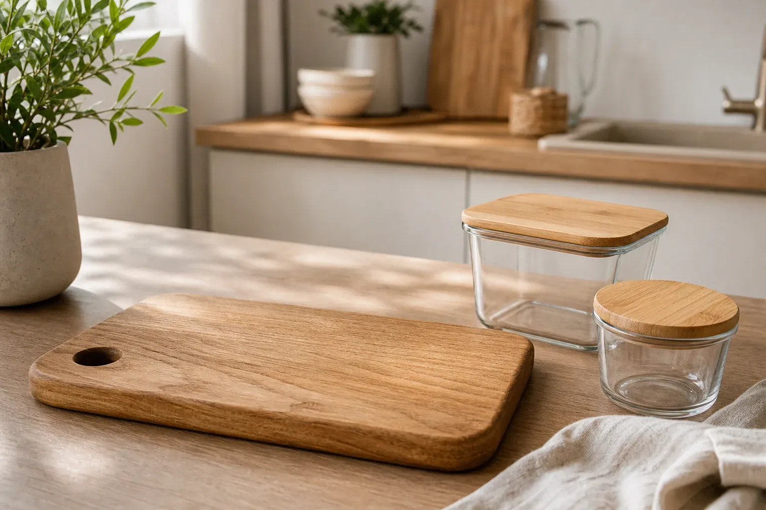 Mikroplastik im Haushalt vermeiden: Holzschneidebrett und Glasbehälter als Alternative zu Kunststoffprodukten