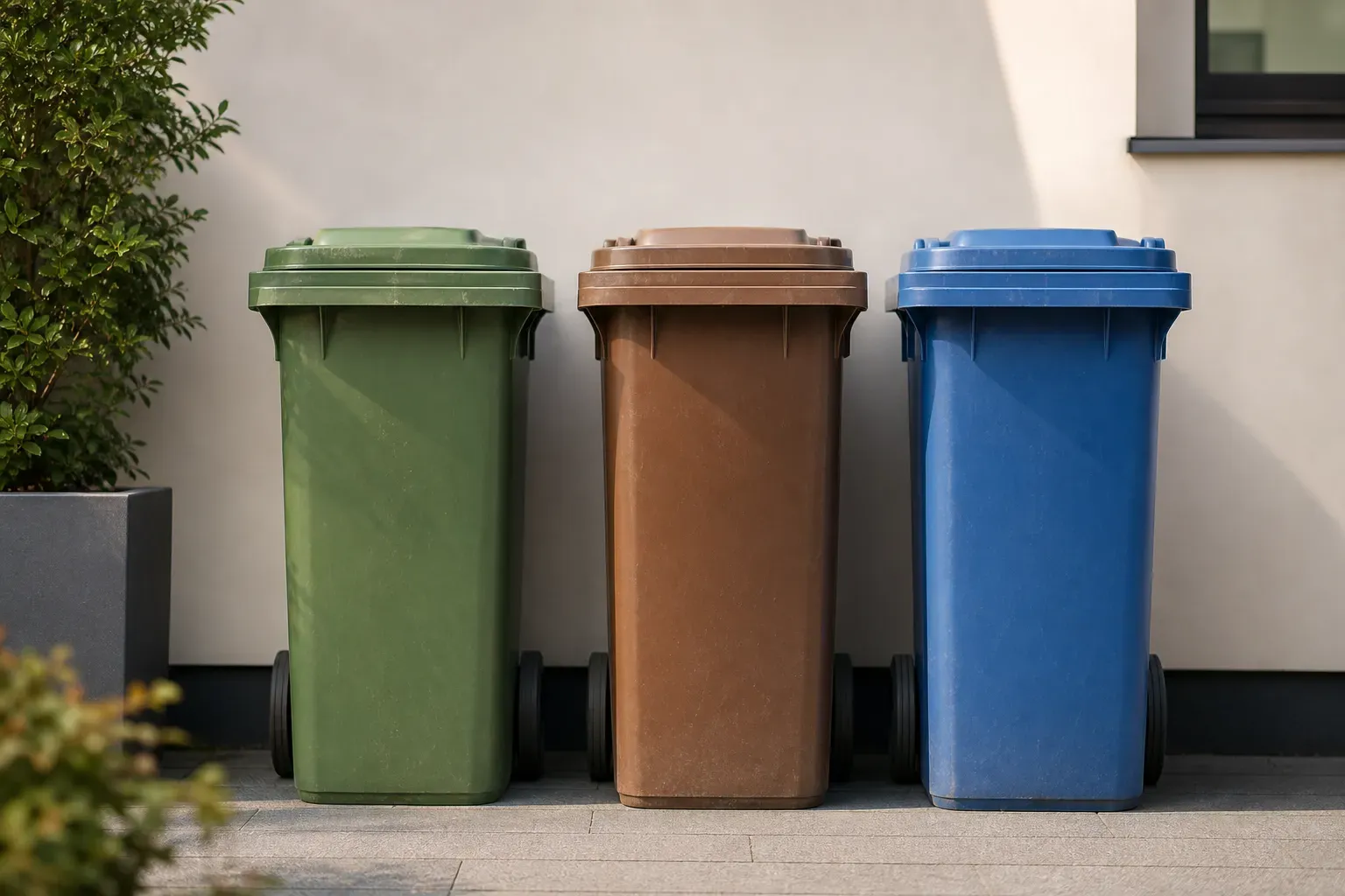Verschiedenfarbige Mülltonnen nebeneinander: grüne Tonne, braune Biotonne und blaue Papiertonne