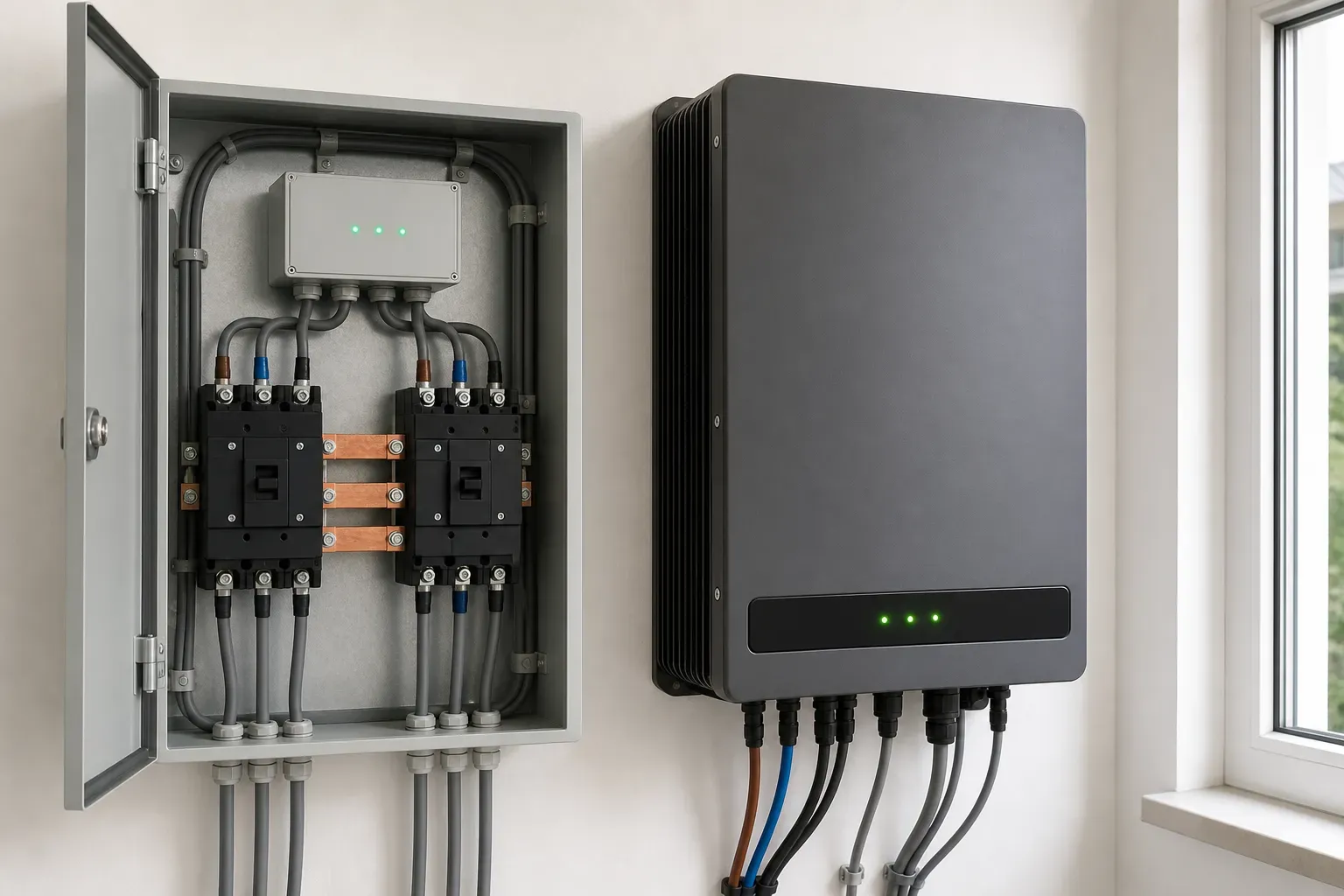 NA-Schutz-Hardware: Relais, Kuppelschalter und Wechselrichter an der Wand