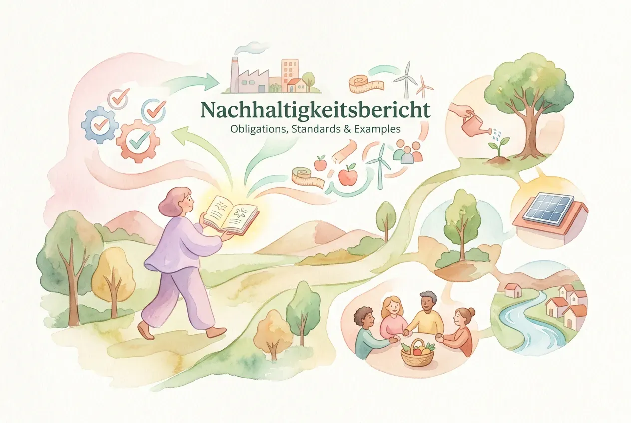 Nachhaltigkeitsbericht eines Unternehmens mit ESG-Kennzahlen auf einem Schreibtisch