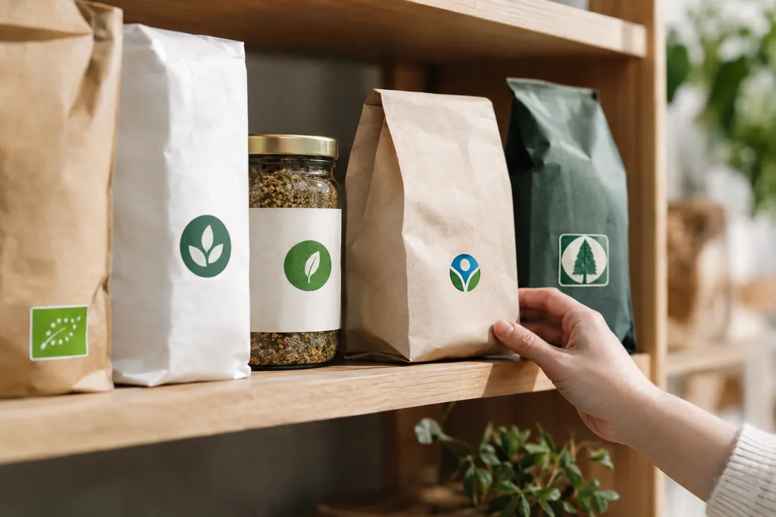 Vergleich verschiedener Nachhaltigkeitssiegel auf Produktverpackungen im Regal unter den Regeln der EmpCo Richtlinie
