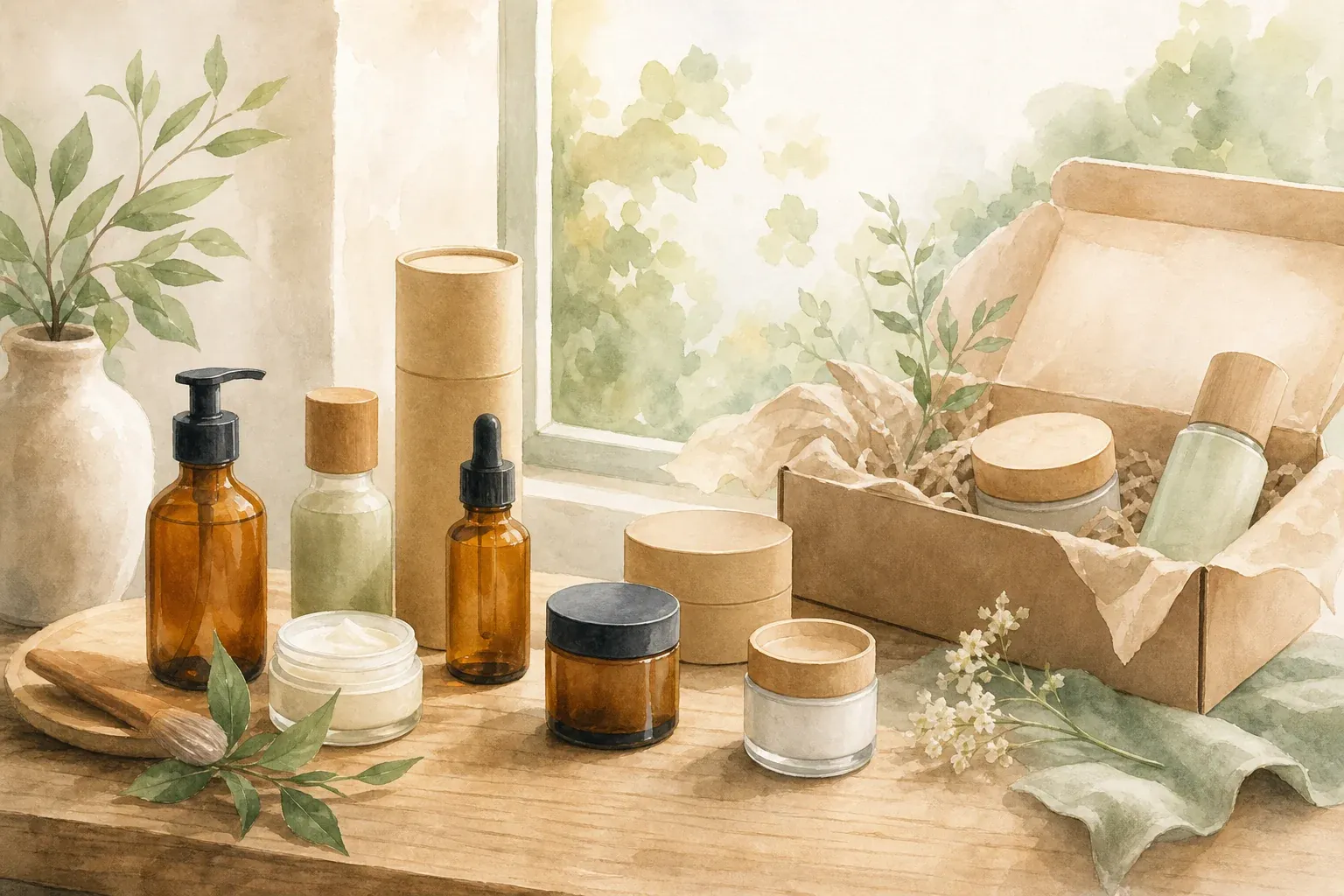 Naturkosmetik Onlineshop Auswahl: zertifizierte Pflegeprodukte in Glas- und Pappeverpackungen auf einem Holztisch