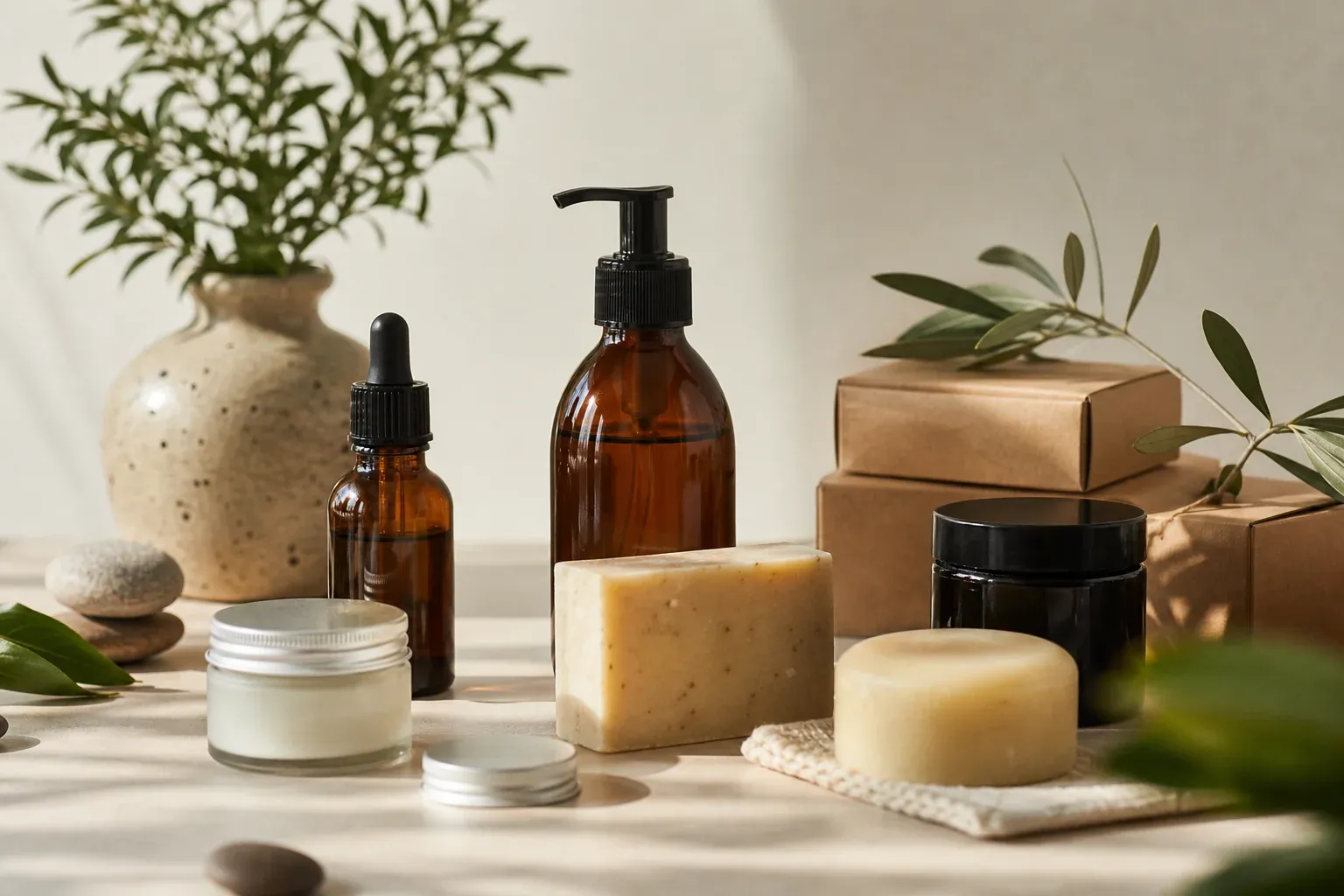 Verschiedene Naturkosmetik-Produkte mit Zertifizierungs-Siegeln neben Glasflaschen und Pappverpackungen