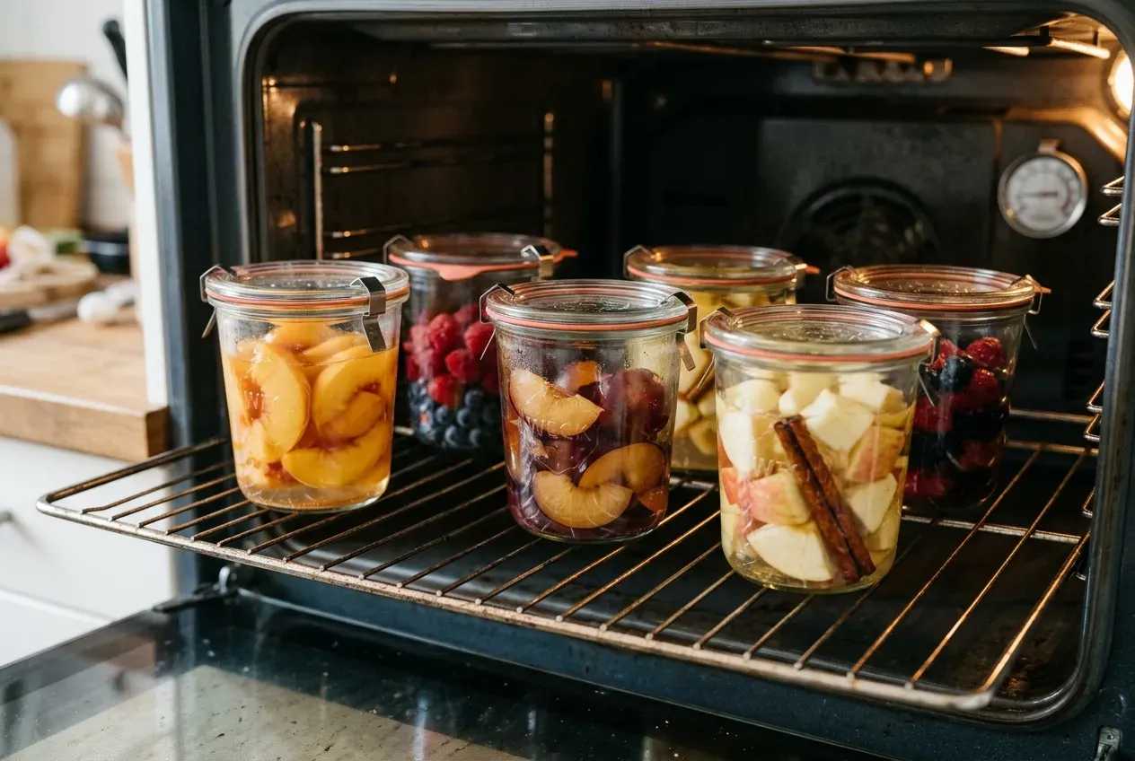 Verschiedene Obstsorten in Einmachgläsern bereit zum Einkochen im Backofen