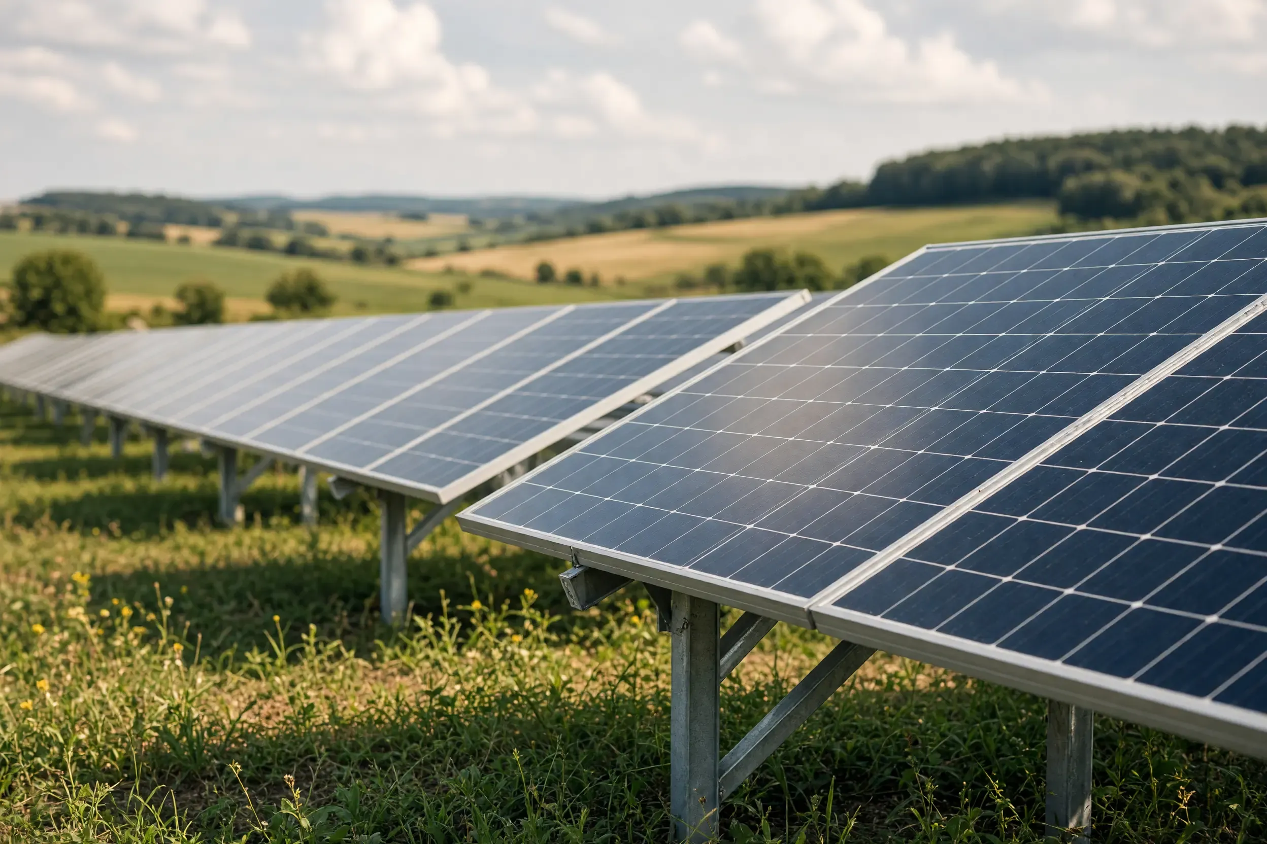Photovoltaik-Module in Reihen auf einer Freifläche, Symbol für die Solarenergie in Deutschland