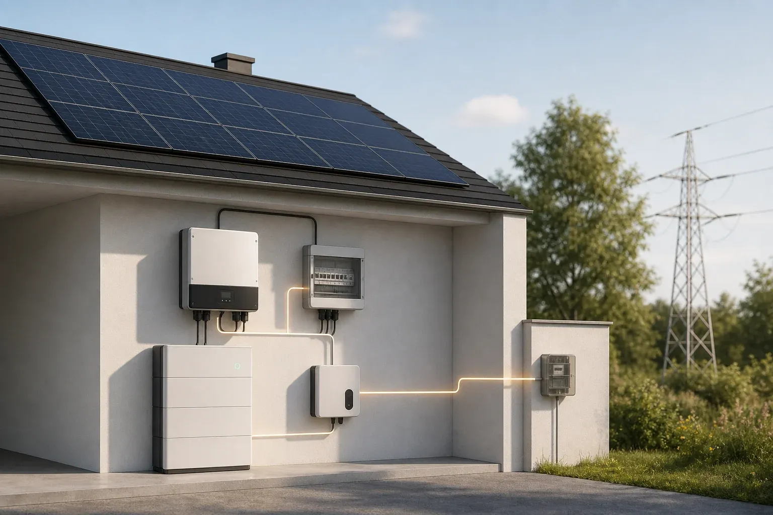 Aufbau einer Photovoltaikanlage mit Modulen, Wechselrichter, Speicher und Netzanschluss im Schema