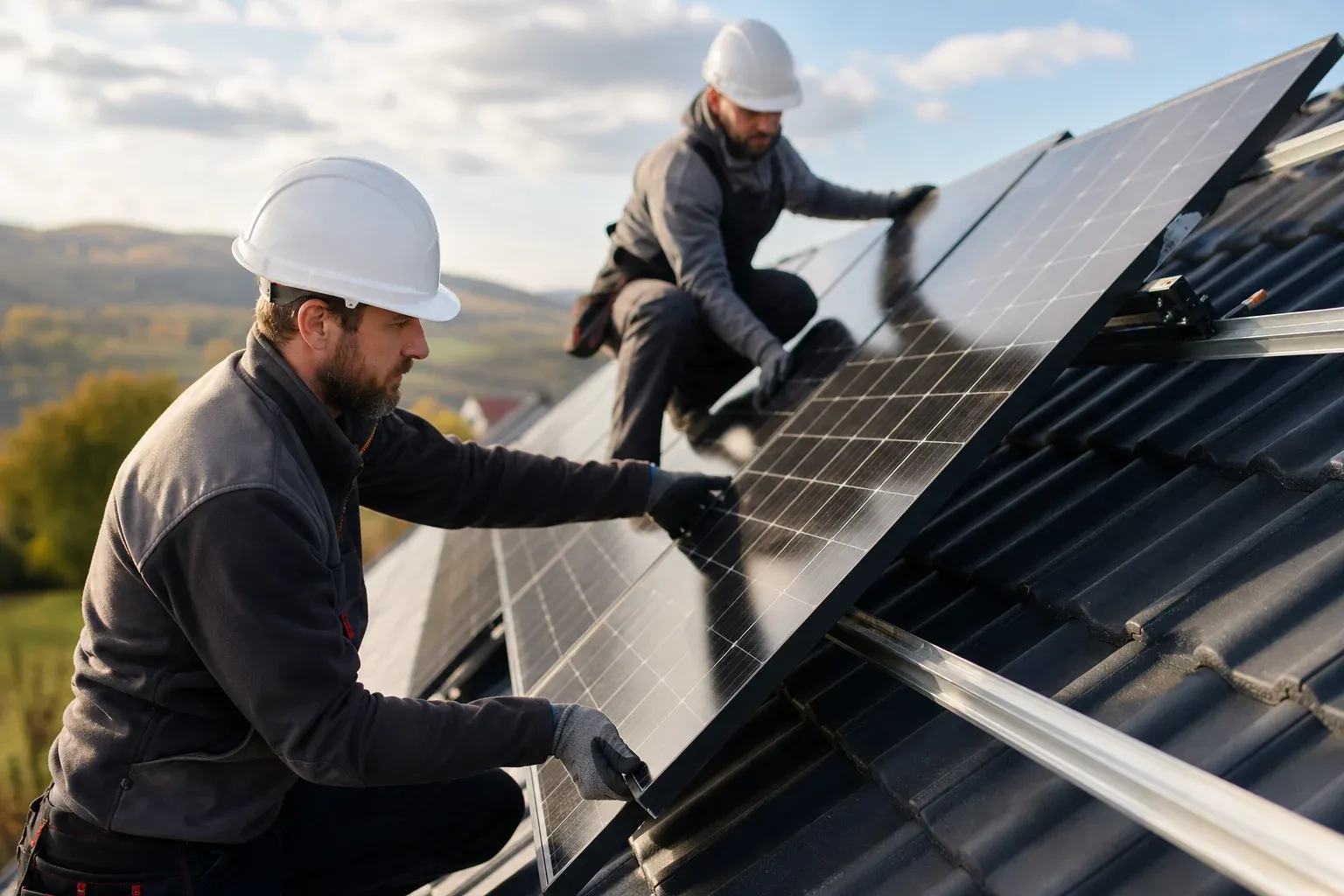Montage einer PV-Anlage: Fachkräfte installieren Solarmodule auf einem Schrägdach