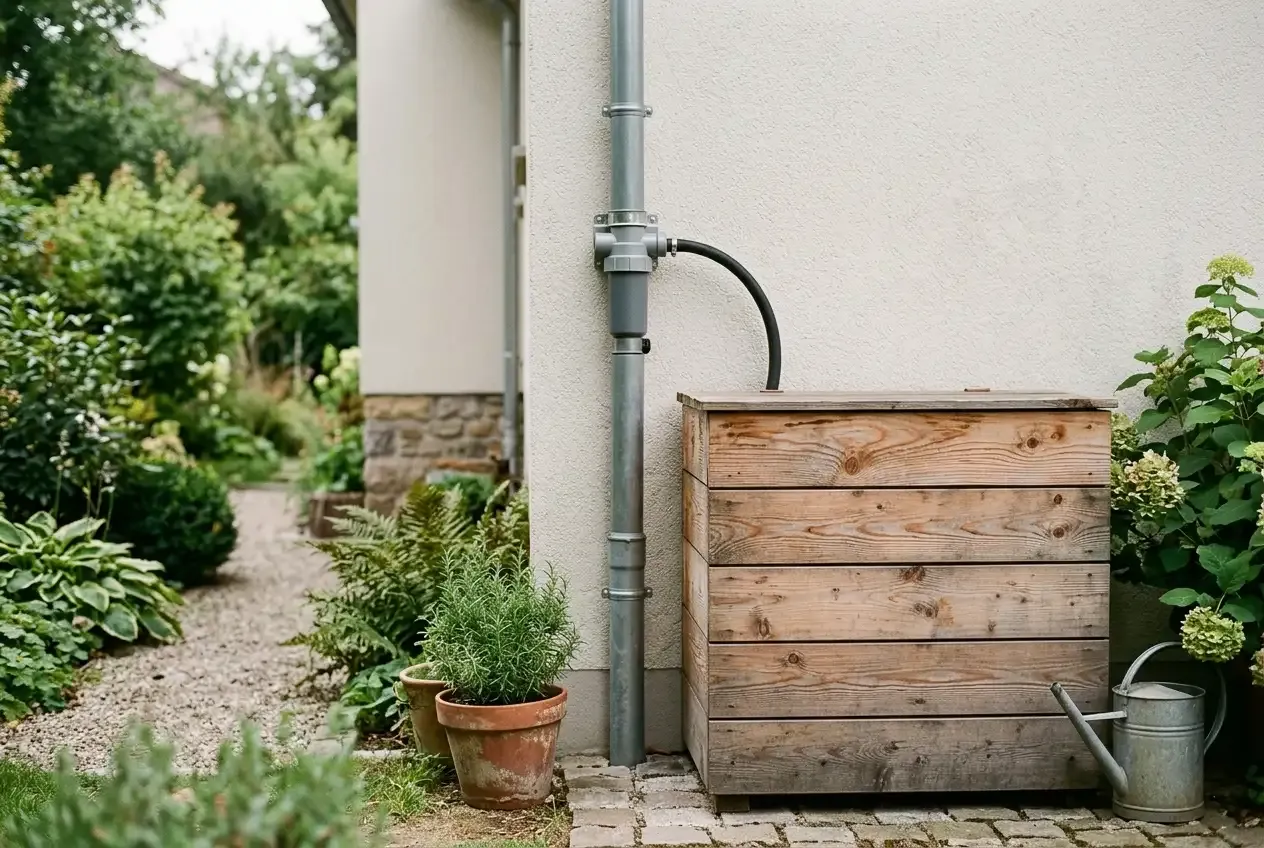 DIY-Regenwassersammelsystem mit Fallrohrsammler und Holzverkleidung