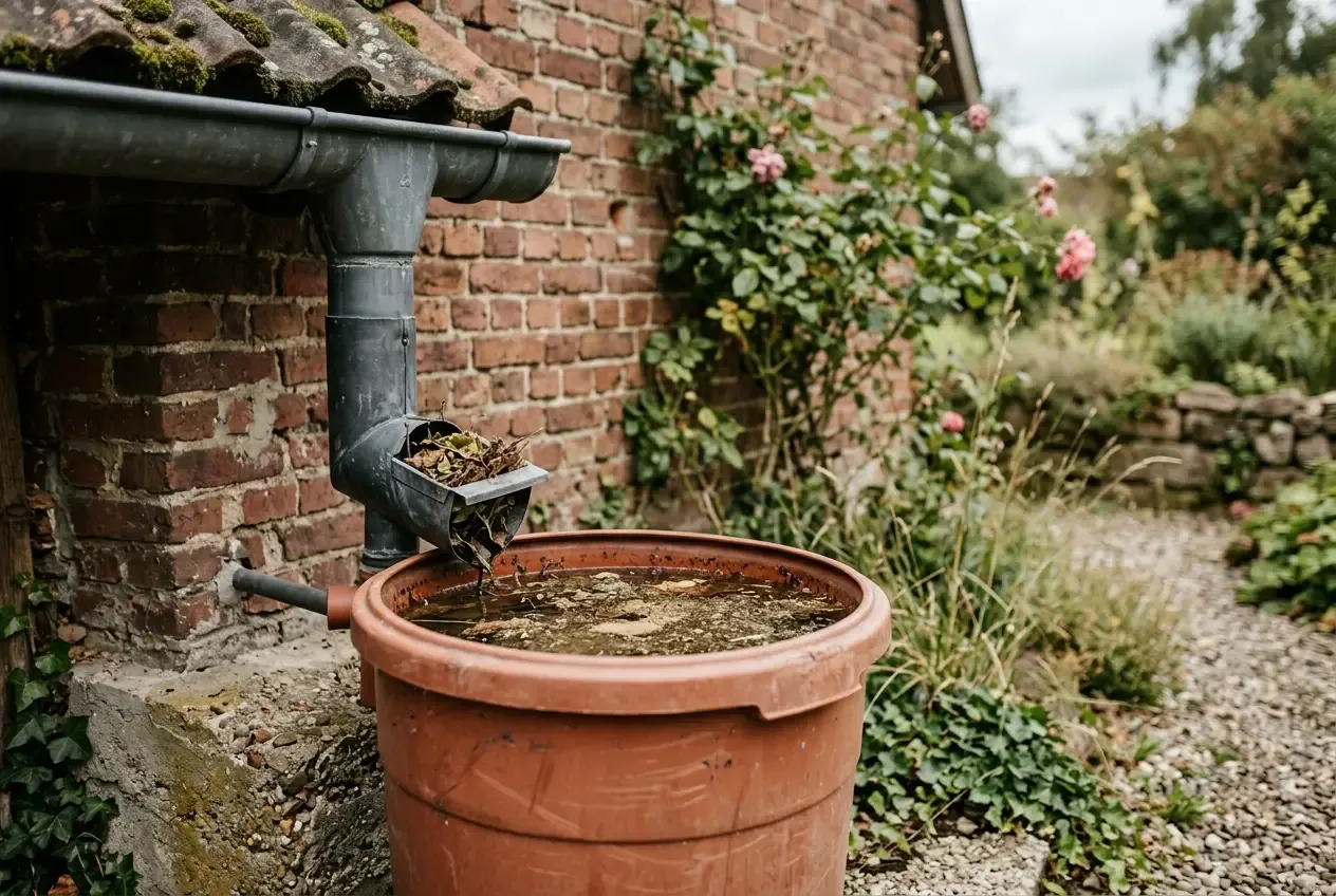 Regenwasser-Auffangbehälter mit sichtbaren Verunreinigungen an einer Dachrinne