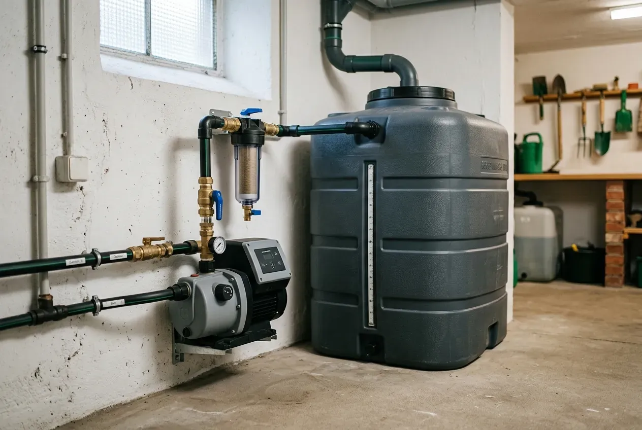 Regenwassernutzungsanlage im Keller mit Pumpe und Zisterne