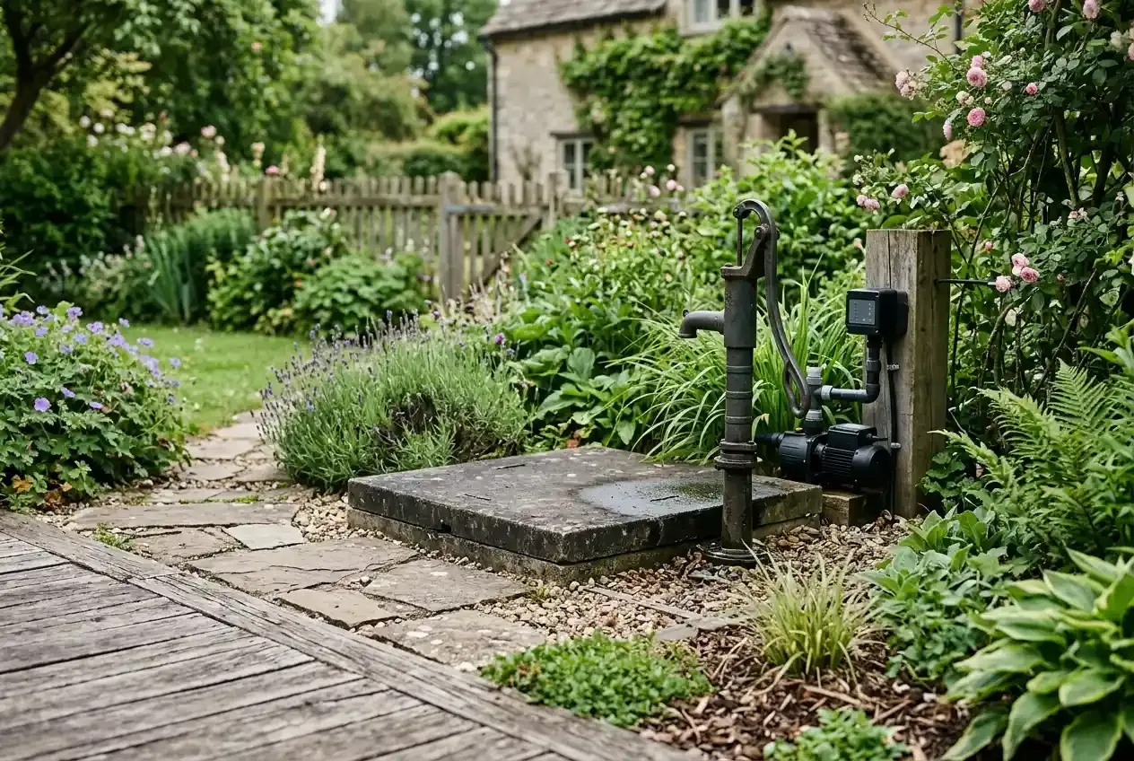 Erdzisterne mit Pumpensystem für Regenwassernutzung im Garten