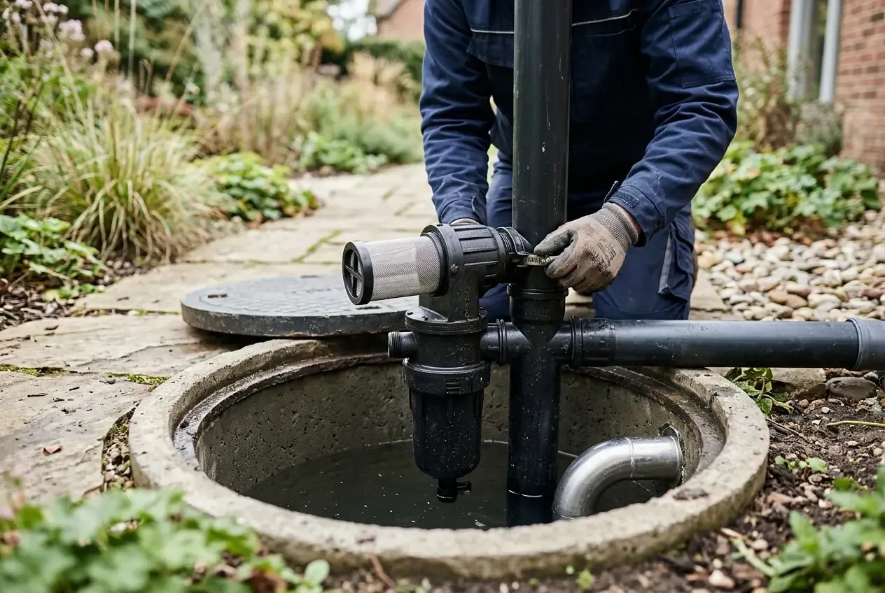 Installation eines Regenwasserfilters und Vorfilters an einer Zisterne