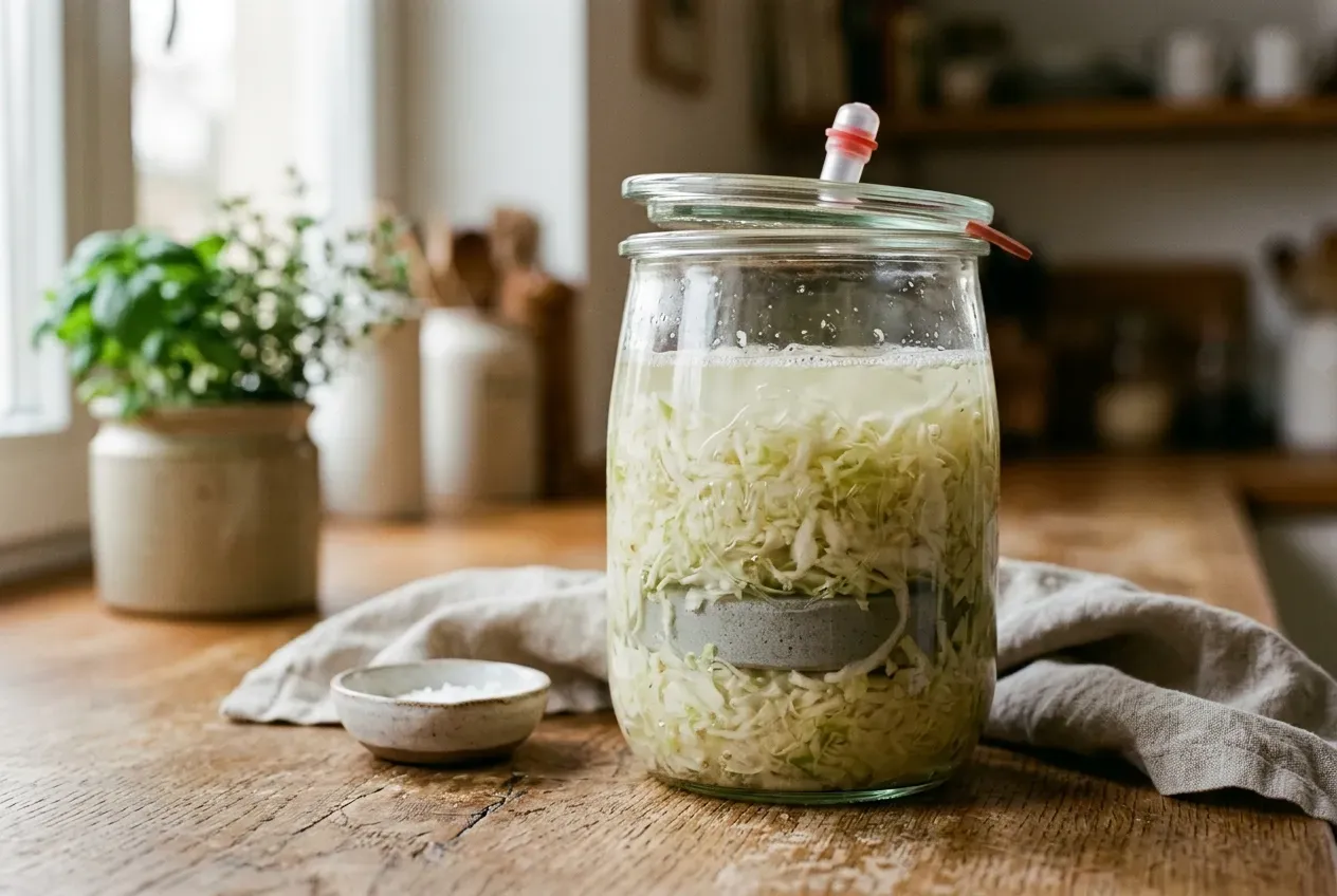 Fermentationsglas mit Sauerkraut, Beschwerungsstein und Salzlake