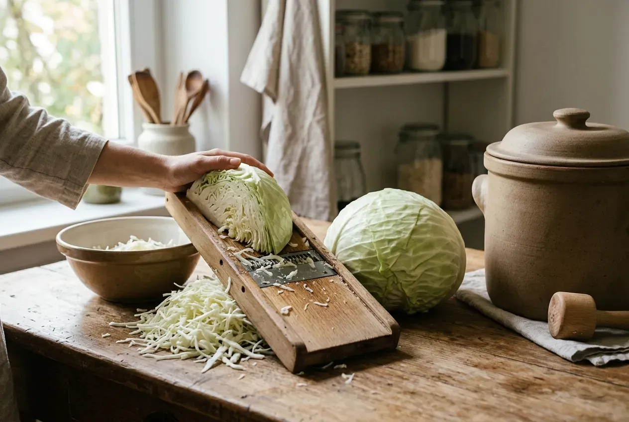 Krauthobel und Weißkohl für die Sauerkraut Fermentation in der Küche