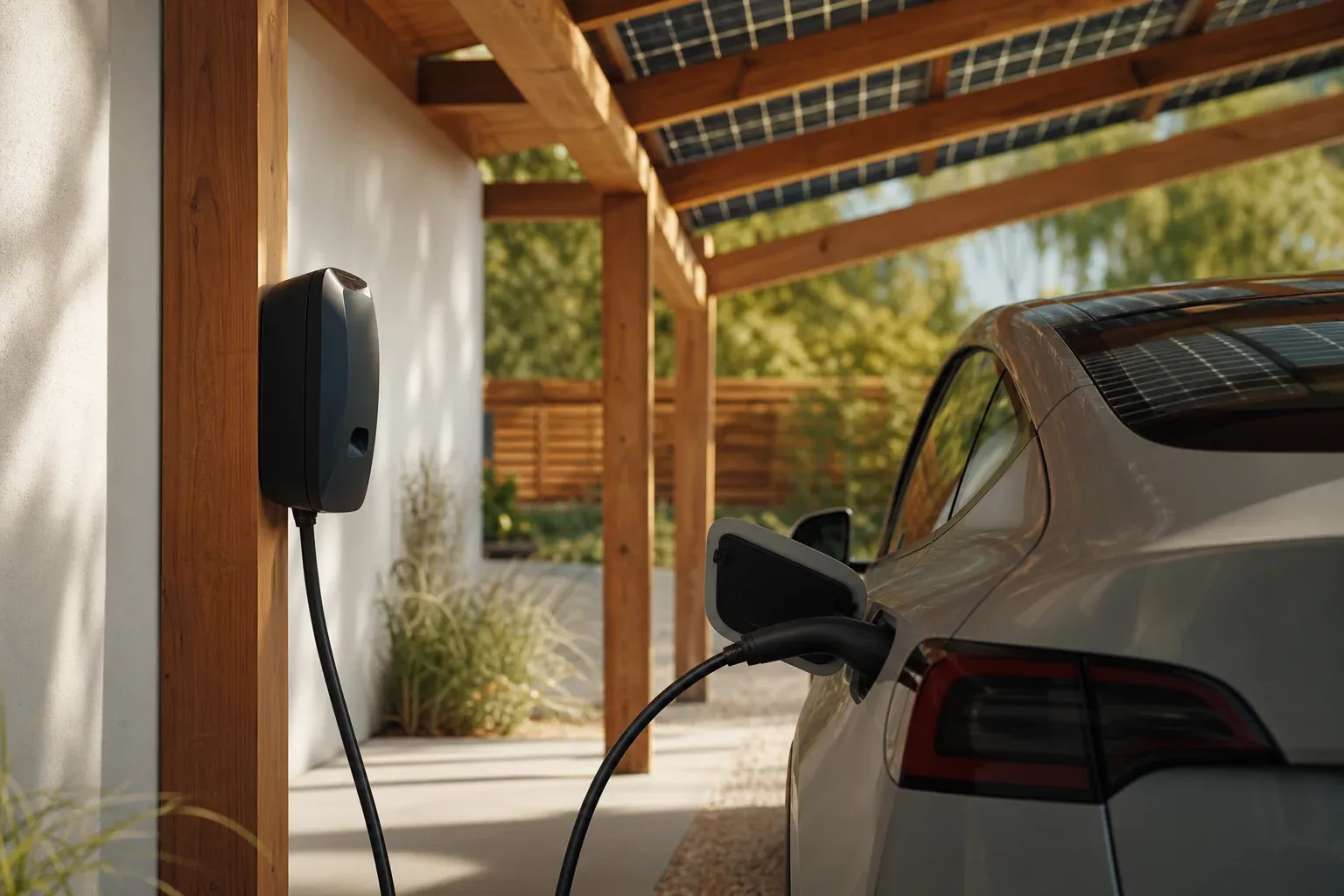Wallbox am Solar Carport lädt ein E-Auto mit Solarstrom